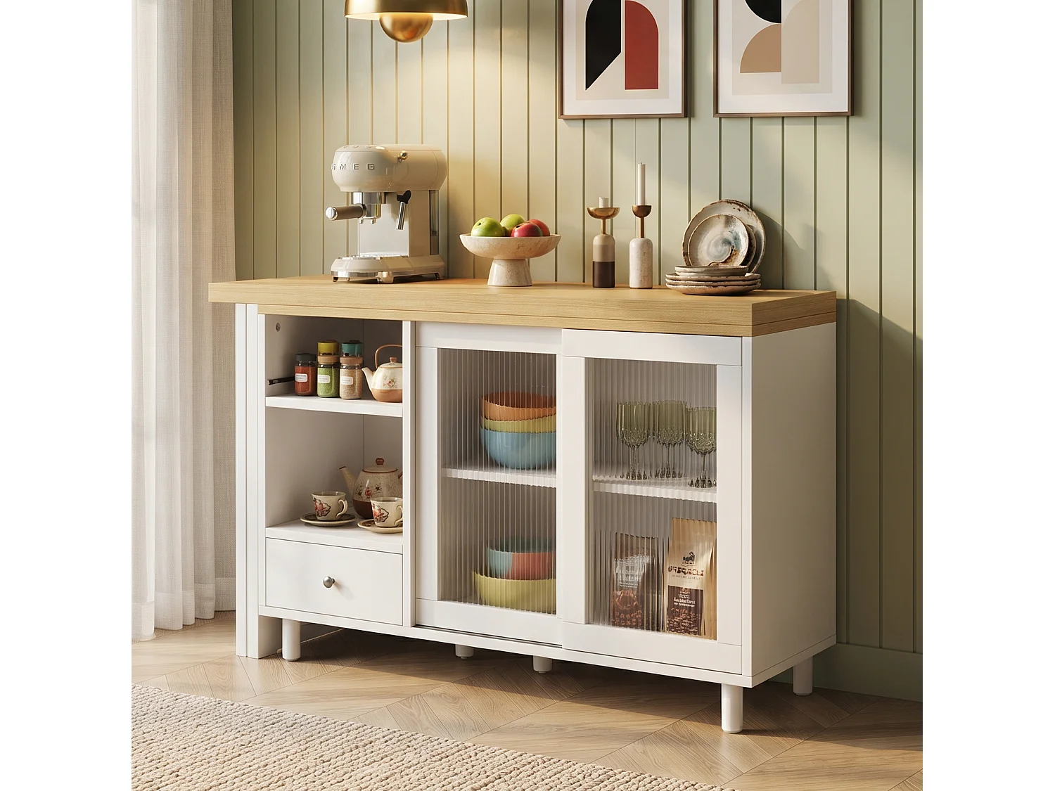 Table à manger pliante et extensible avec 1 tiroir et 2 portes vitrées - MDF, acier et verre - 120 x 40 x 75,5 cm - Blanc et naturel