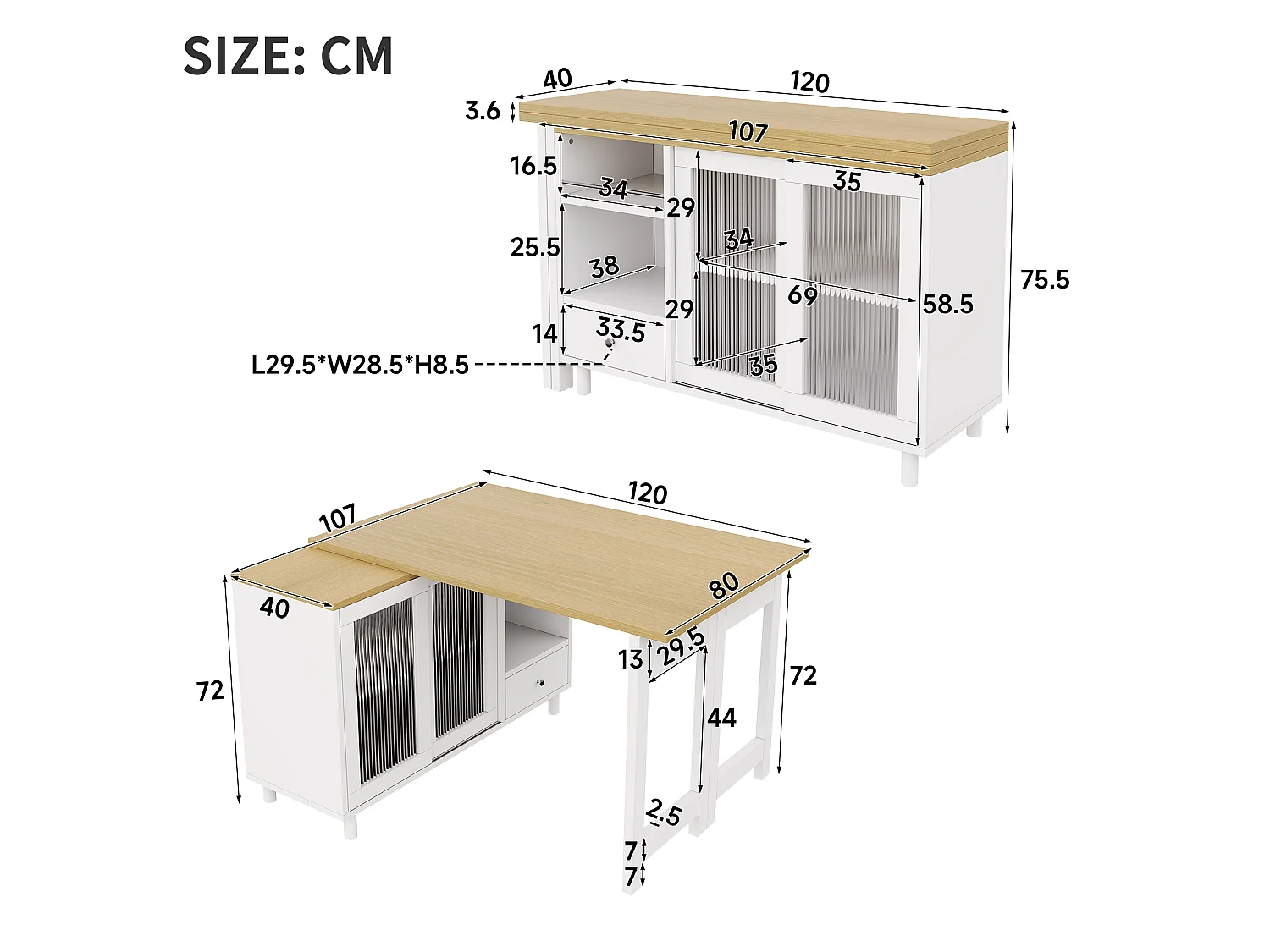 Table à manger pliante et extensible avec 1 tiroir et 2 portes vitrées - MDF, acier et verre - 120 x 40 x 75,5 cm - Blanc et naturel