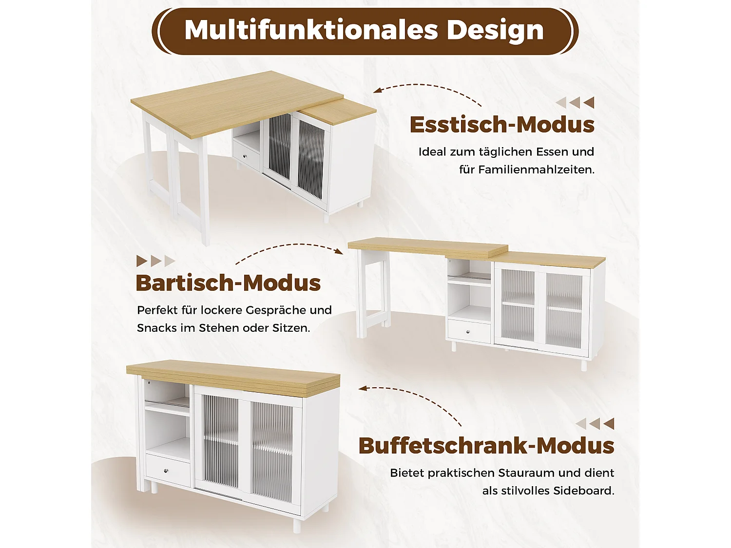 Table à manger pliante et extensible avec 1 tiroir et 2 portes vitrées - MDF, acier et verre - 120 x 40 x 75,5 cm - Blanc et naturel