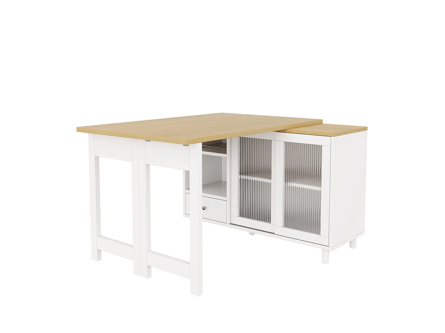 Table à manger pliante et extensible avec 1 tiroir et 2 portes vitrées - MDF, acier et verre - 120 x 40 x 75,5 cm - Blanc et naturel