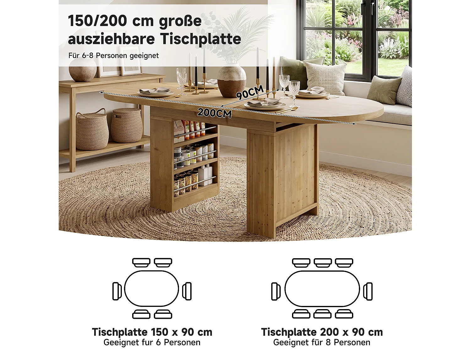 Stół jadalniany rozkładany 150/200 cm na 6-8 miejsc z półkami - MDF - 150/200 x 90 x 76 cm - Dąb