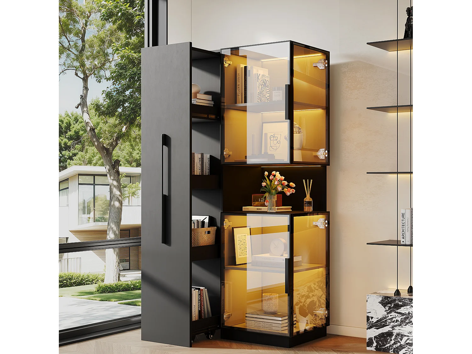 Vitrine mit LED-Beleuchtung, 4 Türen und Auszugsboden – MDF und Sicherheitsglas – 70 x 38 x 160 cm – Schwarz
