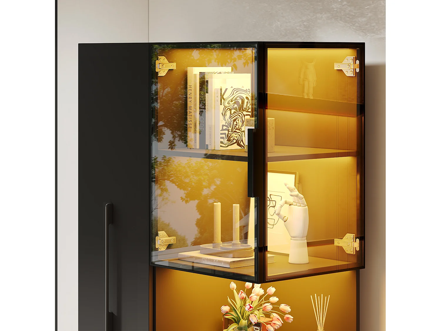 Vitrine mit LED-Beleuchtung, 4 Türen und Auszugsboden – MDF und Sicherheitsglas – 70 x 38 x 160 cm – Schwarz
