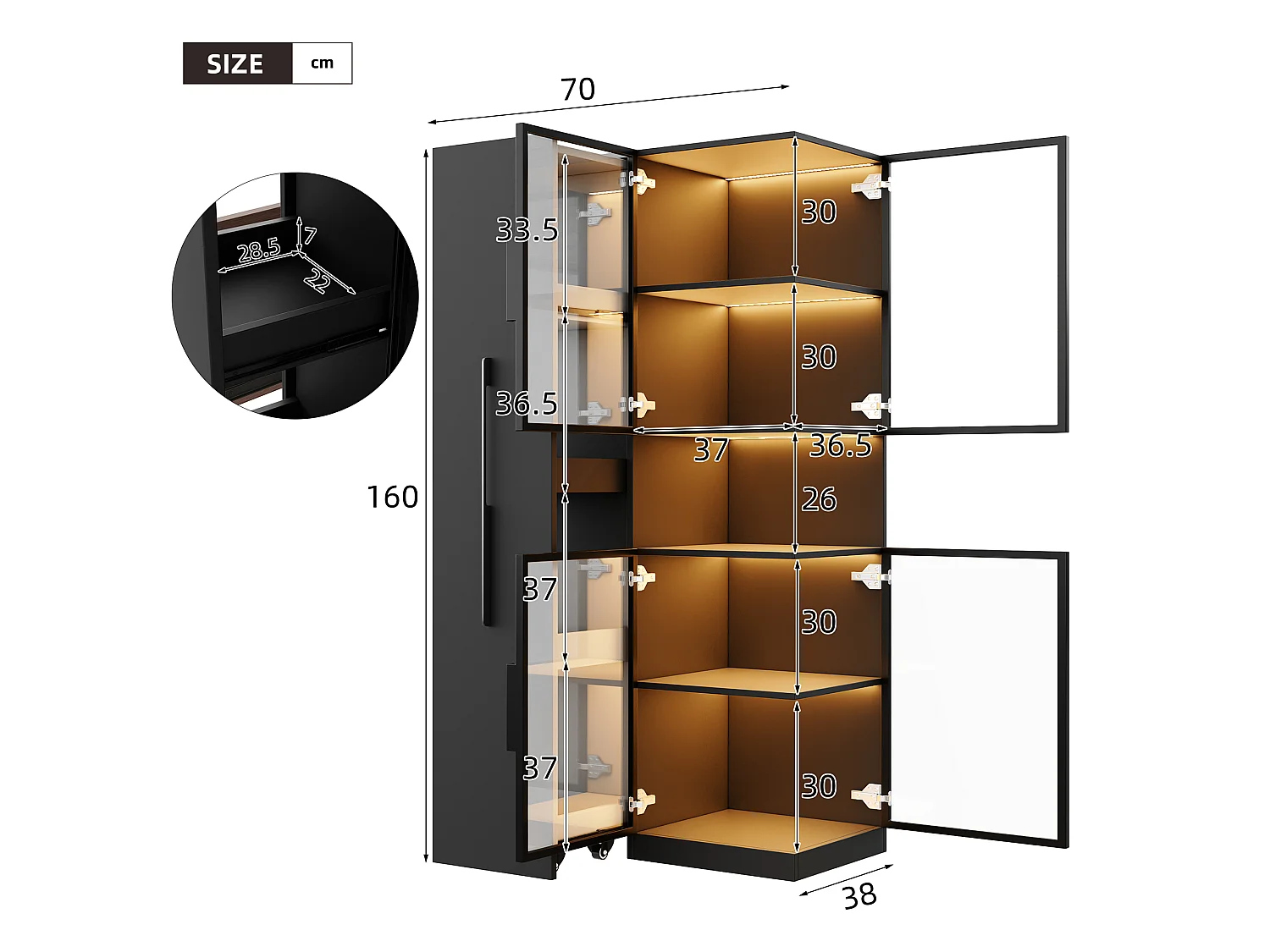 Vitrine mit LED-Beleuchtung, 4 Türen und Auszugsboden – MDF und Sicherheitsglas – 70 x 38 x 160 cm – Schwarz