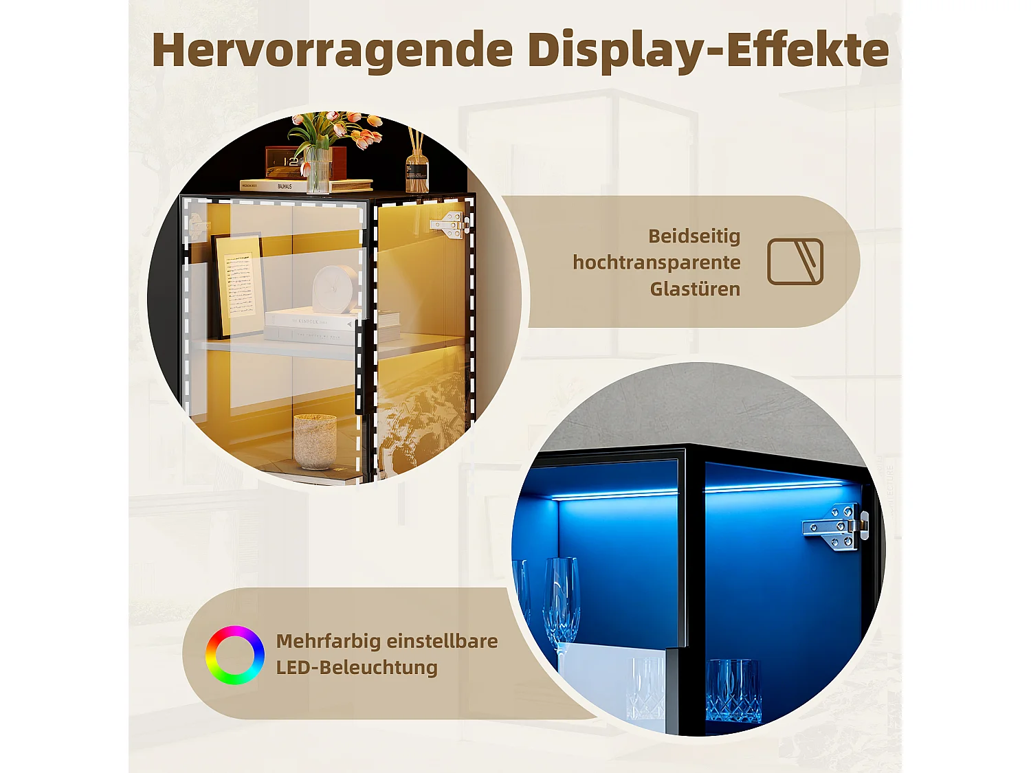 Vitrine mit LED-Beleuchtung, 4 Türen und Auszugsboden – MDF und Sicherheitsglas – 70 x 38 x 160 cm – Schwarz