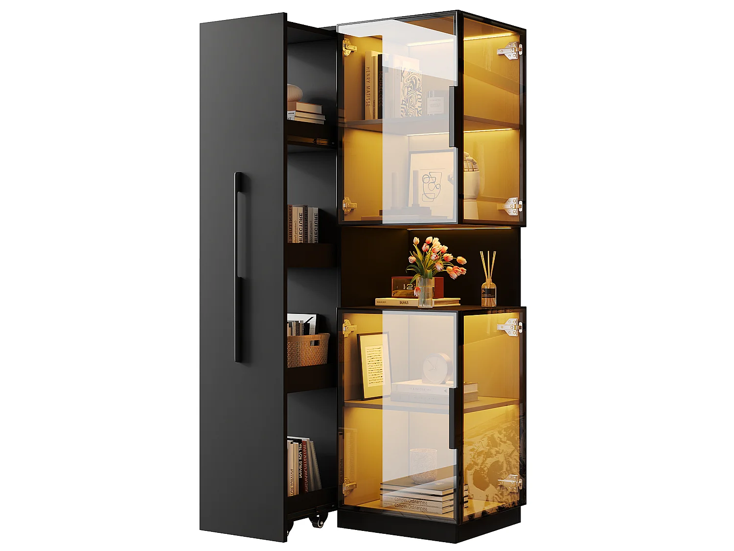Vitrine mit LED-Beleuchtung, 4 Türen und Auszugsboden – MDF und Sicherheitsglas – 70 x 38 x 160 cm – Schwarz