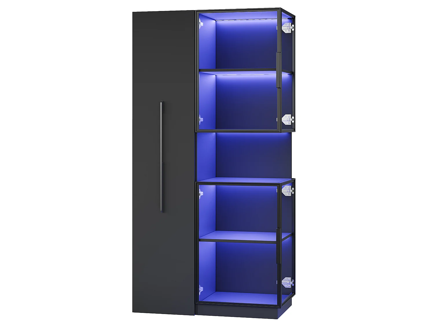 Vitrine mit LED-Beleuchtung, 4 Türen und Auszugsboden – MDF und Sicherheitsglas – 70 x 38 x 160 cm – Schwarz