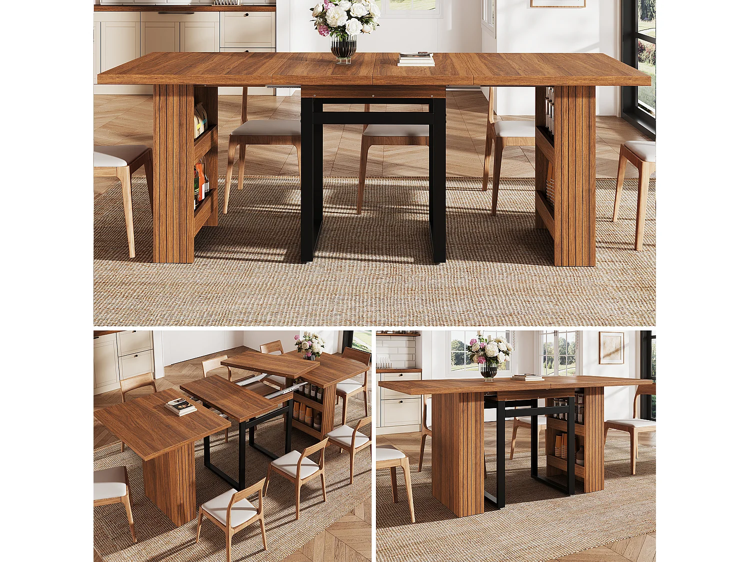 Ausziehbarer Esstisch mit Ablagen und stabilen Metallbeinen – MDF und Metall – 120/160/200 x 80 x 78 cm – Dunkelbraun