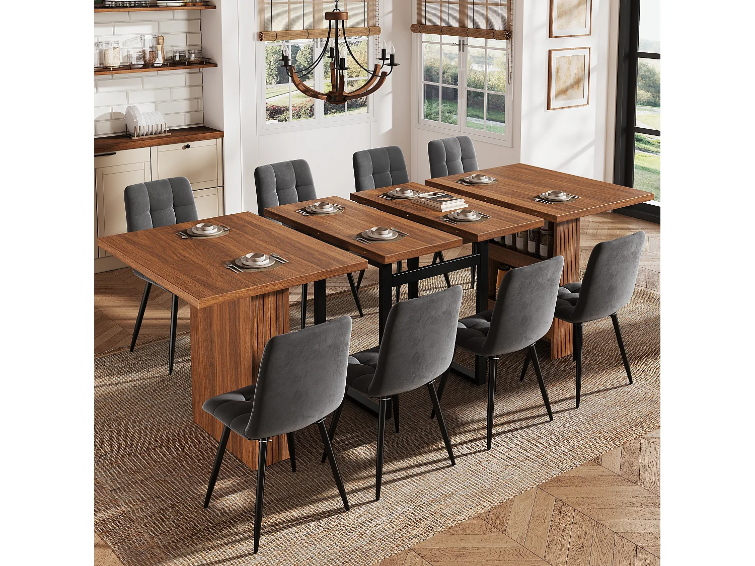 Ausziehbarer Esstisch mit Ablagen und stabilen Metallbeinen – MDF und Metall – 120/160/200 x 80 x 78 cm – Dunkelbraun