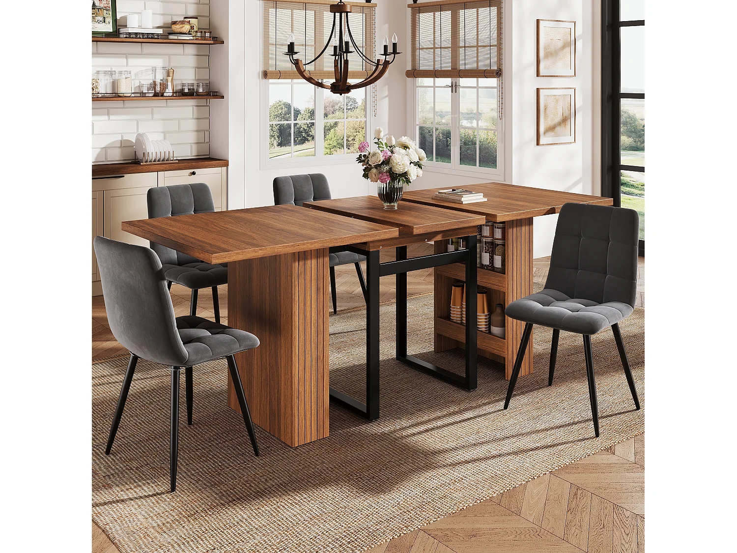 Ausziehbarer Esstisch mit Ablagen und stabilen Metallbeinen – MDF und Metall – 120/160/200 x 80 x 78 cm – Dunkelbraun
