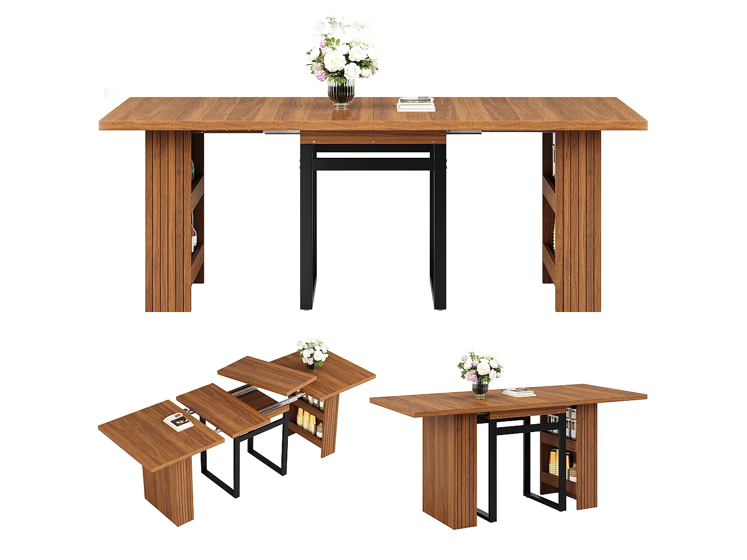 Ausziehbarer Esstisch mit Ablagen und stabilen Metallbeinen – MDF und Metall – 120/160/200 x 80 x 78 cm – Dunkelbraun