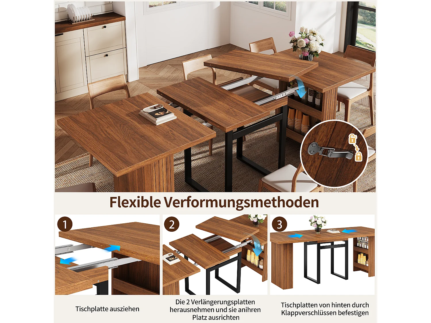 Ausziehbarer Esstisch mit Ablagen und stabilen Metallbeinen – MDF und Metall – 120/160/200 x 80 x 78 cm – Dunkelbraun