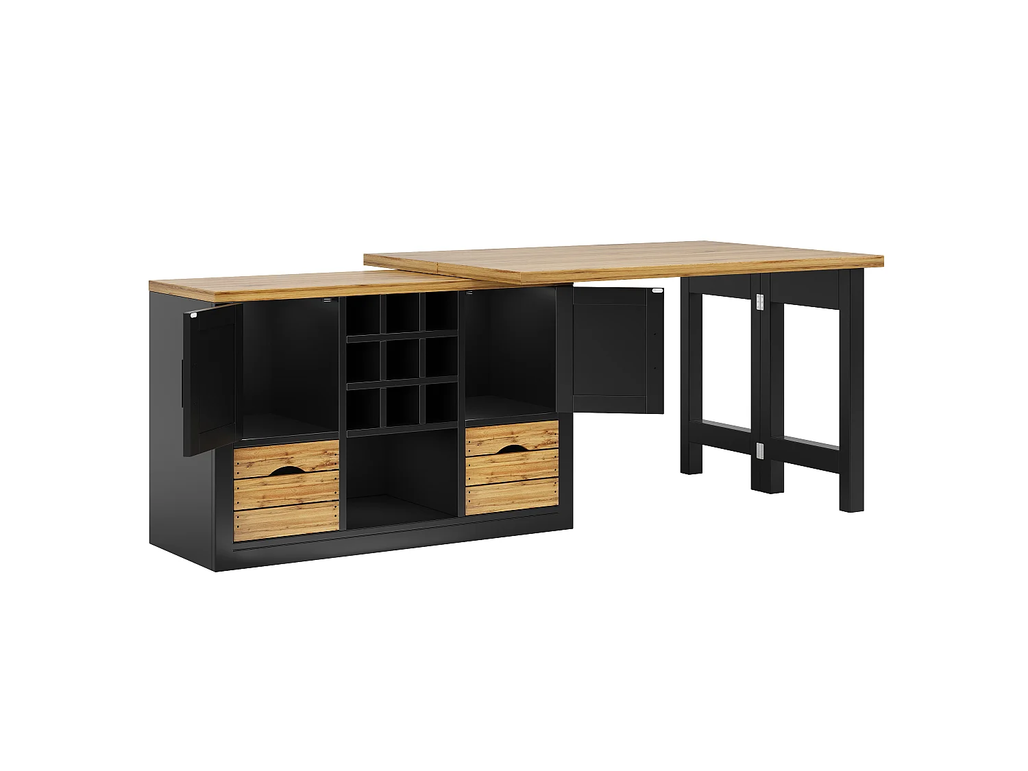 Rozkładany stół jadalny ze zintegrowaną szafką, 2 drzwi, 2 szuflady, blat obrotowy 360° - MDF - 120-197 x 40 x 72 cm - Czarny