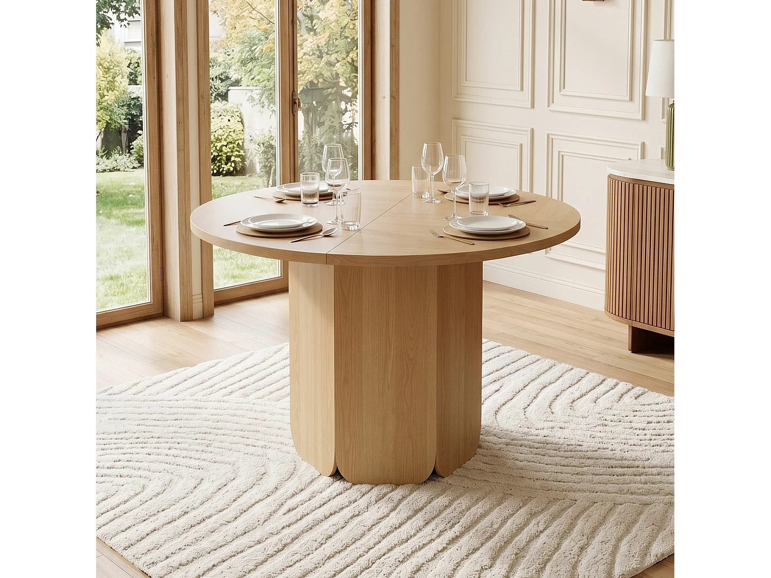 Table à manger ronde 120 cm pour 4 à 6 couverts, design scandinave minimaliste - MDF - 120 x 120 x 75 cm - Chêne