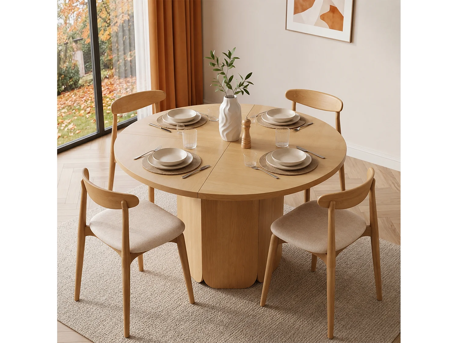 Table à manger ronde 120 cm pour 4 à 6 couverts, design scandinave minimaliste - MDF - 120 x 120 x 75 cm - Chêne
