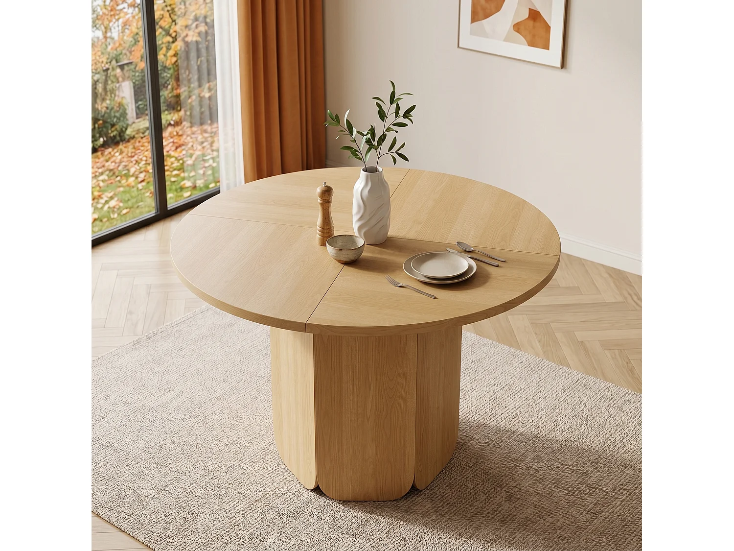 Table à manger ronde 120 cm pour 4 à 6 couverts, design scandinave minimaliste - MDF - 120 x 120 x 75 cm - Chêne