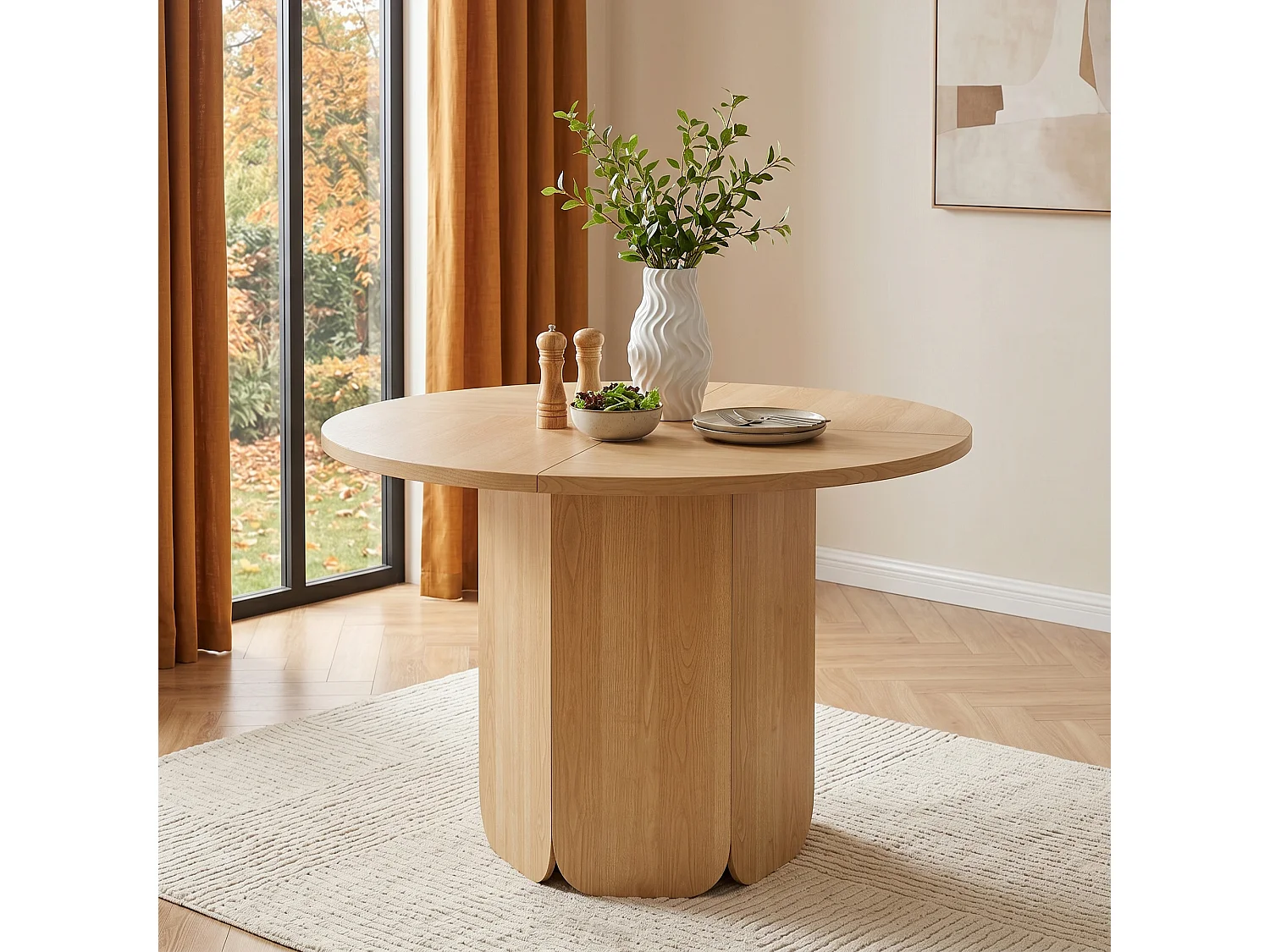Table à manger ronde 120 cm pour 4 à 6 couverts, design scandinave minimaliste - MDF - 120 x 120 x 75 cm - Chêne