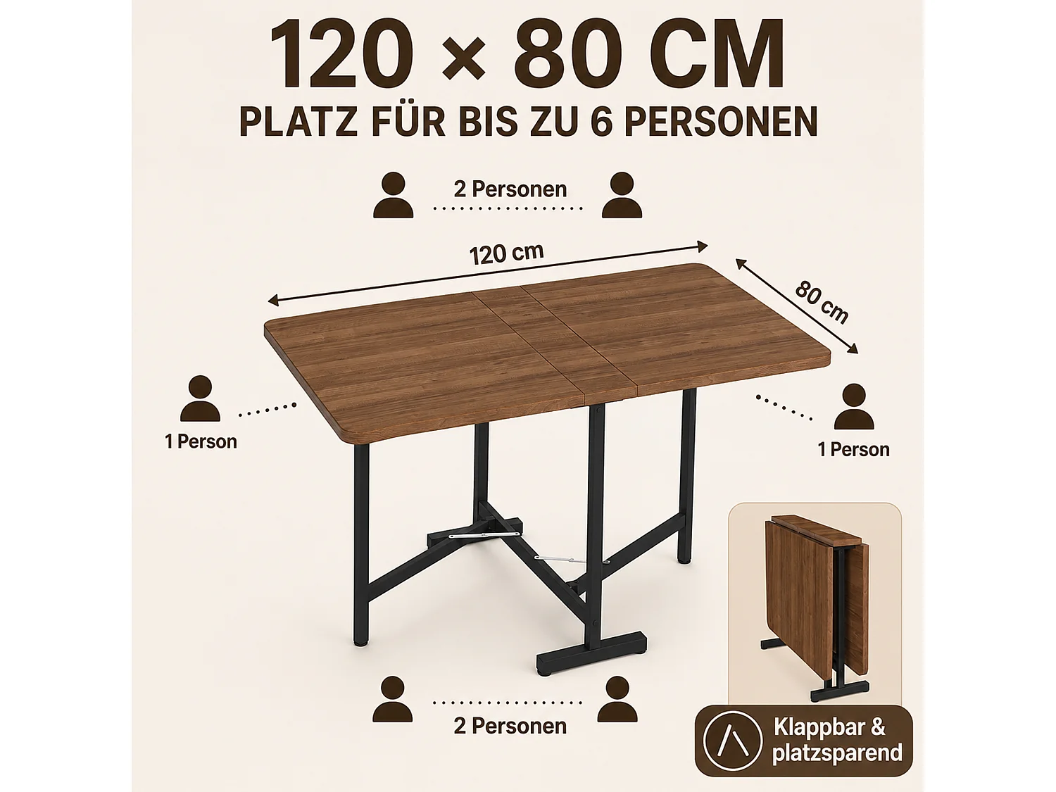 Klappbarer Esstisch mit verstärkter Stütze – Beine aus MDF und Metall – 120 x 80 x 75 cm – Walnuss