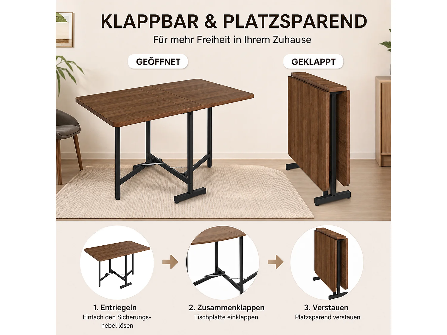 Klappbarer Esstisch mit verstärkter Stütze – Beine aus MDF und Metall – 120 x 80 x 75 cm – Walnuss