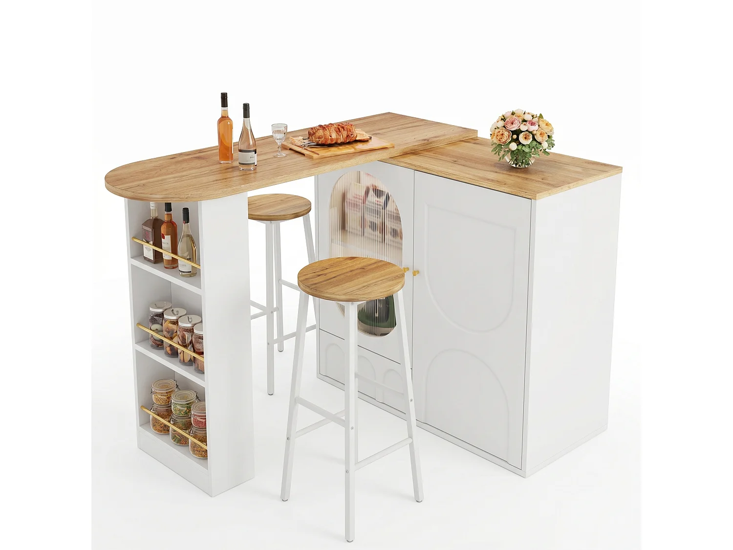 Ensemble table de bar haute extensible avec 2 tabourets, 1 tiroir et 2 portes - MDF/métal - 138-204 x 39 x 105 cm - Blanc + bois