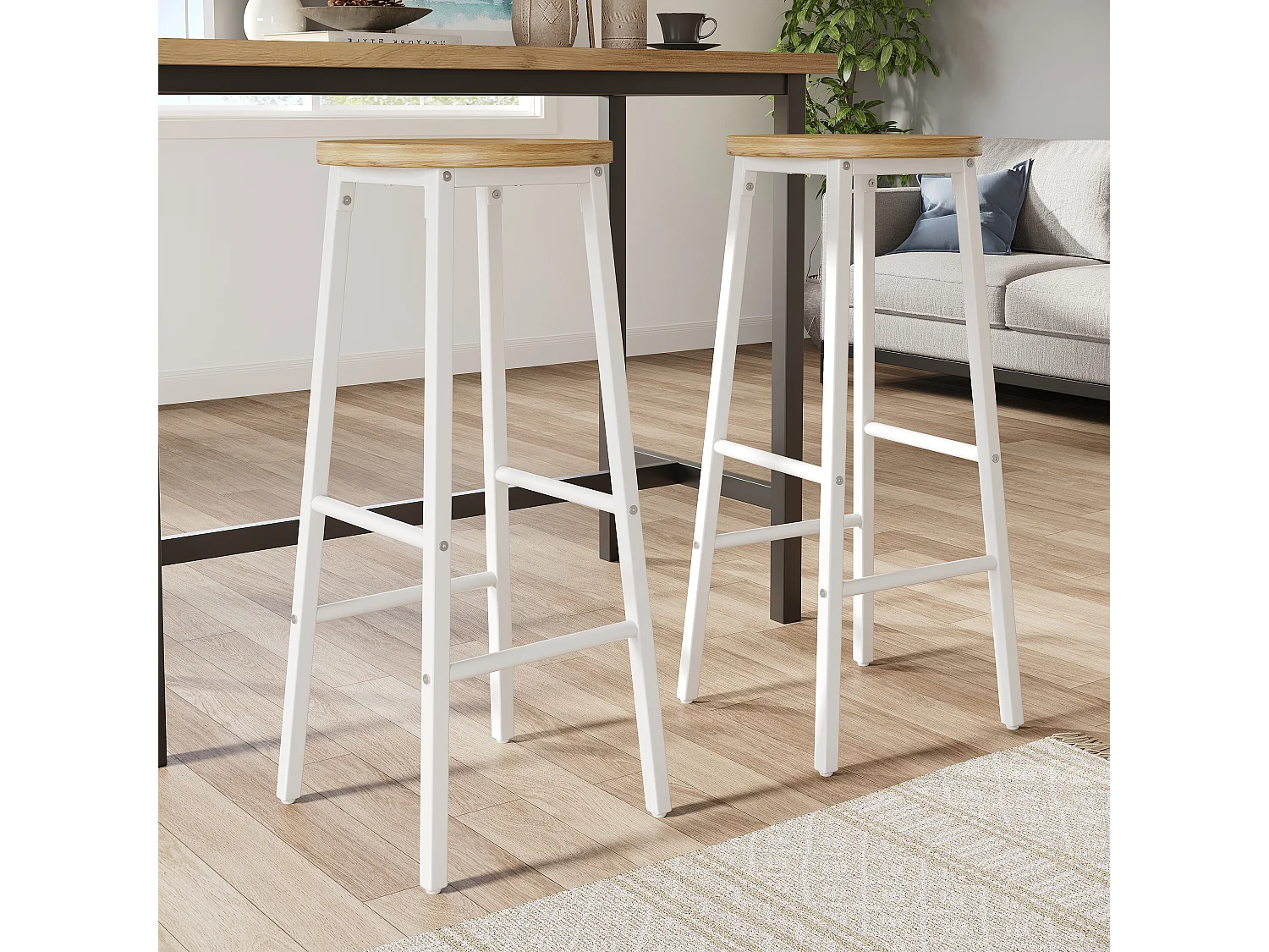 Ensemble table de bar haute extensible avec 2 tabourets, 1 tiroir et 2 portes - MDF/métal - 138-204 x 39 x 105 cm - Blanc + bois