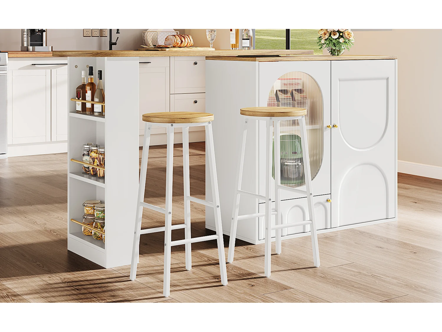 Ensemble table de bar haute extensible avec 2 tabourets, 1 tiroir et 2 portes - MDF/métal - 138-204 x 39 x 105 cm - Blanc + bois