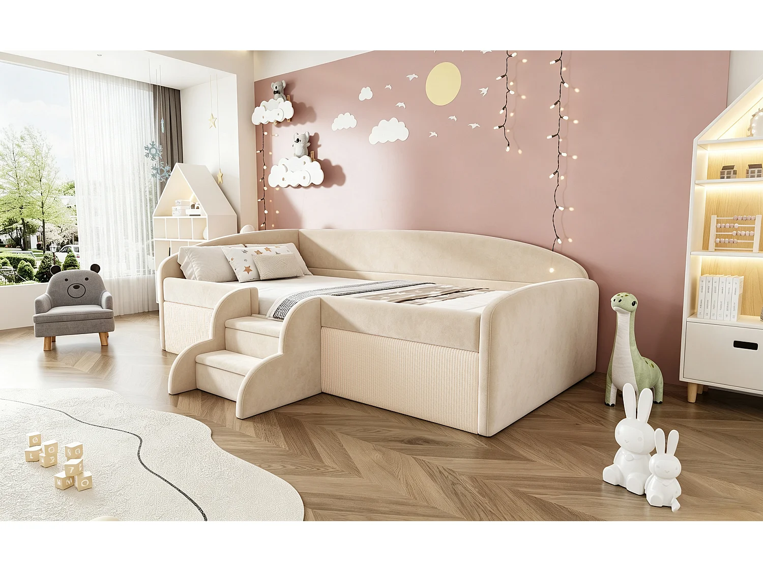 Klädd barnsäng 90 x 190 cm med 2 steg och säkerhetsräcken - Sammet - Beige (Madrass ingår ej)