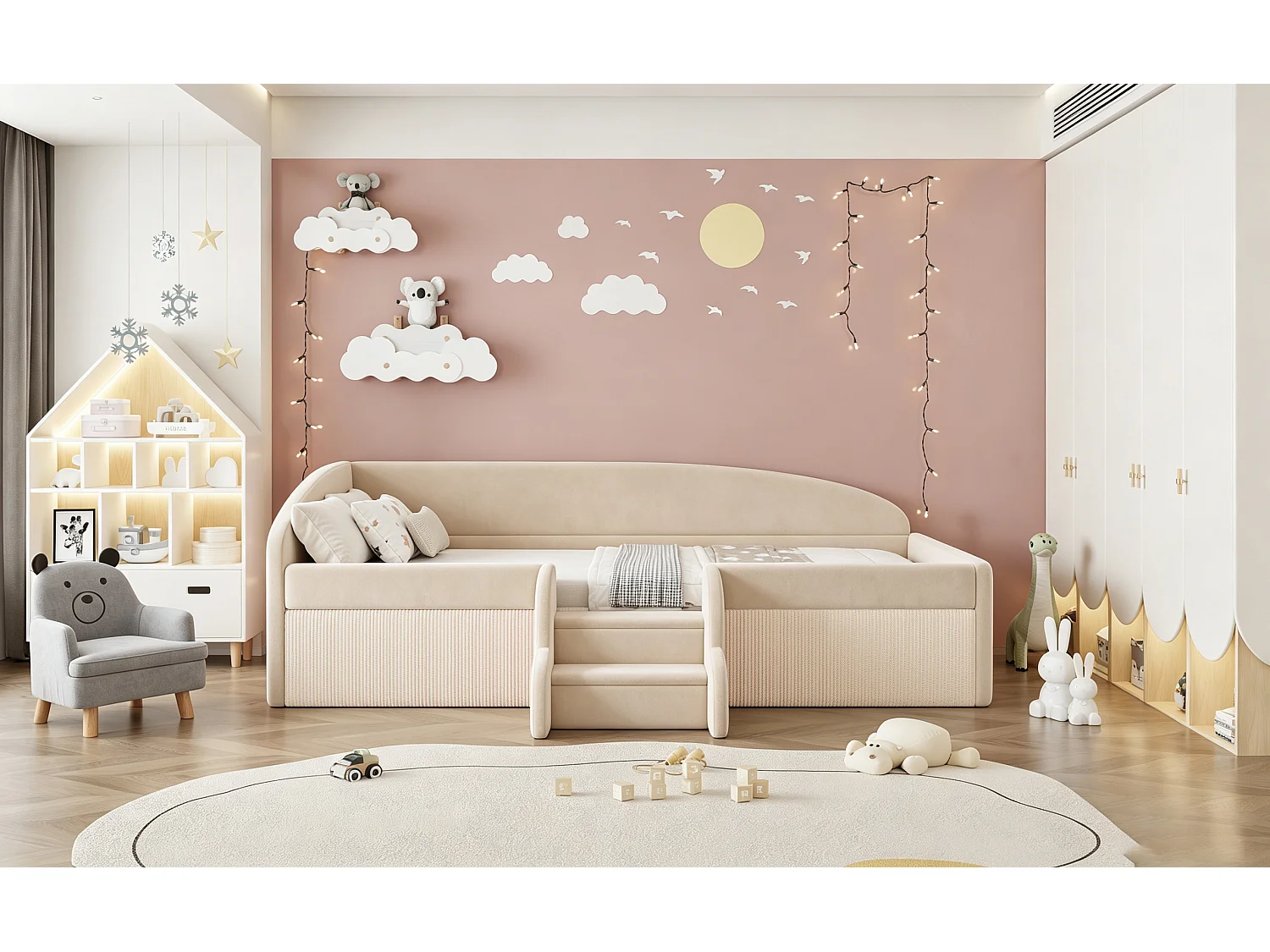 Klädd barnsäng 90 x 190 cm med 2 steg och säkerhetsräcken - Sammet - Beige (Madrass ingår ej)