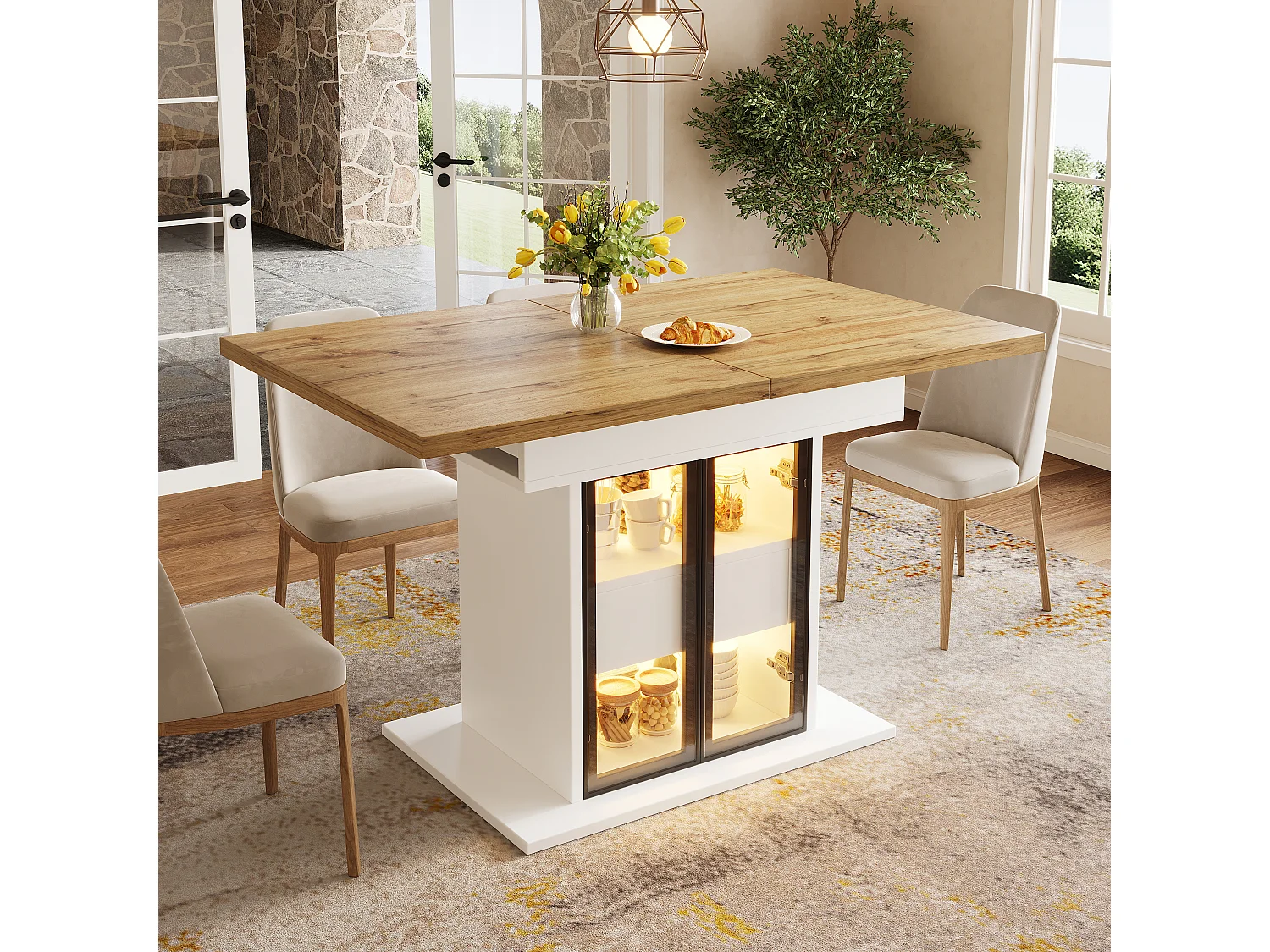 Rozkładany stół jadalny z oświetleniem LED, 2 szklanymi drzwiami i 1 szufladą w środku - MDF - 110/140 x 80 x 77,9 cm - biały