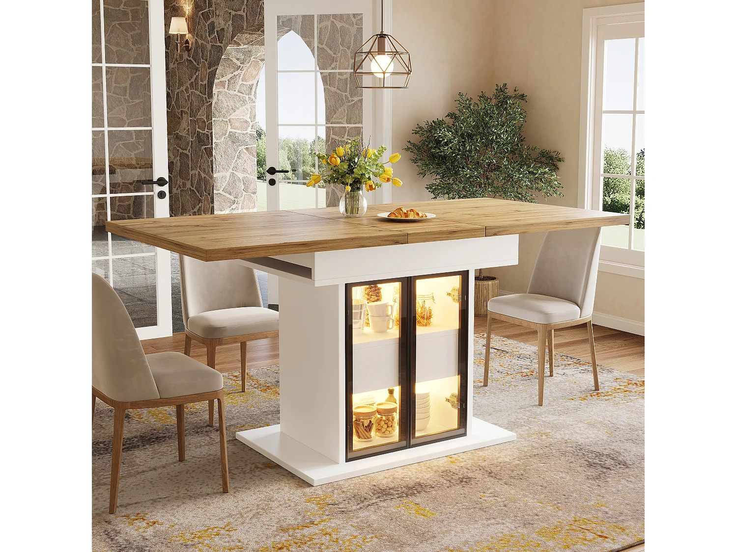 Rozkładany stół jadalny z oświetleniem LED, 2 szklanymi drzwiami i 1 szufladą w środku - MDF - 110/140 x 80 x 77,9 cm - biały
