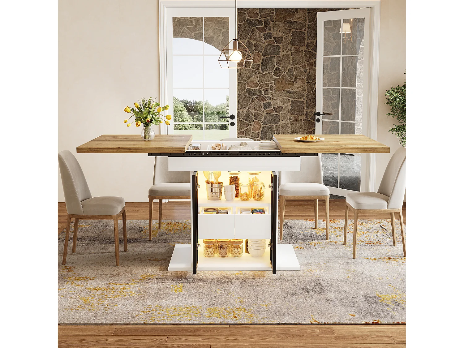 Rozkładany stół jadalny z oświetleniem LED, 2 szklanymi drzwiami i 1 szufladą w środku - MDF - 110/140 x 80 x 77,9 cm - biały