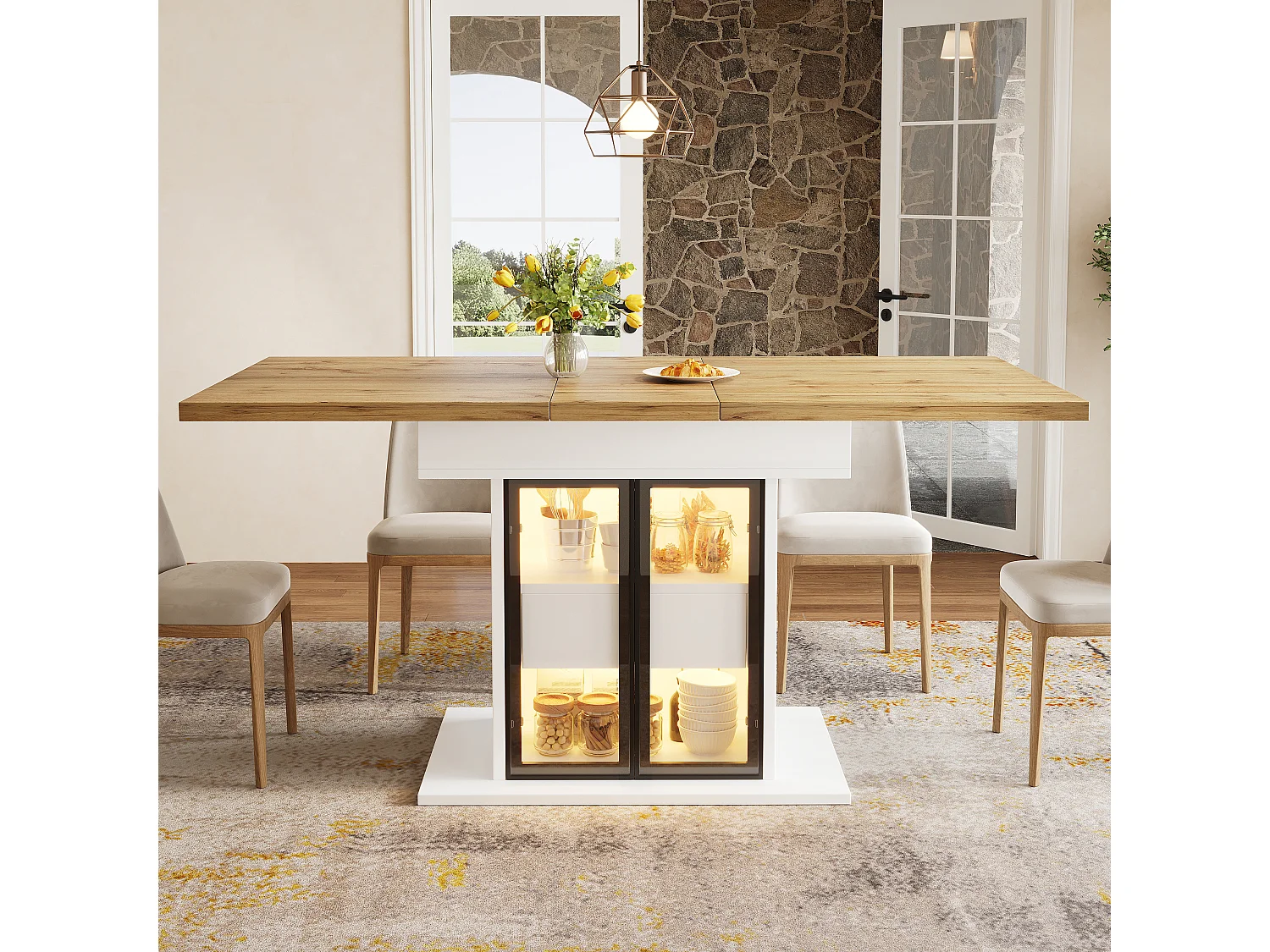 Rozkładany stół jadalny z oświetleniem LED, 2 szklanymi drzwiami i 1 szufladą w środku - MDF - 110/140 x 80 x 77,9 cm - biały