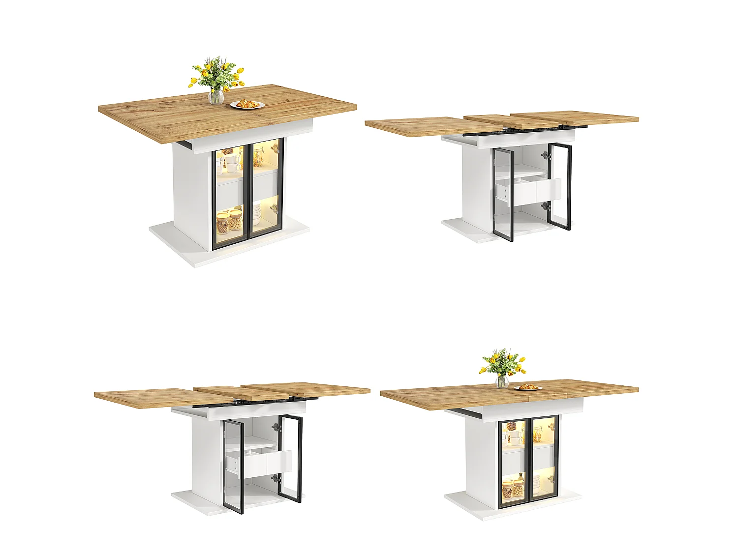 Rozkładany stół jadalny z oświetleniem LED, 2 szklanymi drzwiami i 1 szufladą w środku - MDF - 110/140 x 80 x 77,9 cm - biały