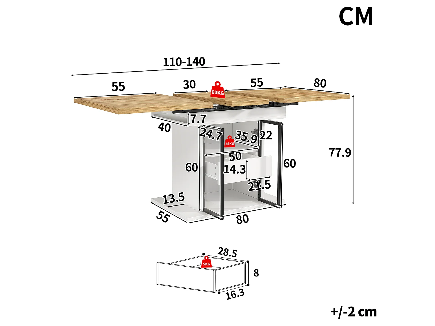 Rozkładany stół jadalny z oświetleniem LED, 2 szklanymi drzwiami i 1 szufladą w środku - MDF - 110/140 x 80 x 77,9 cm - biały