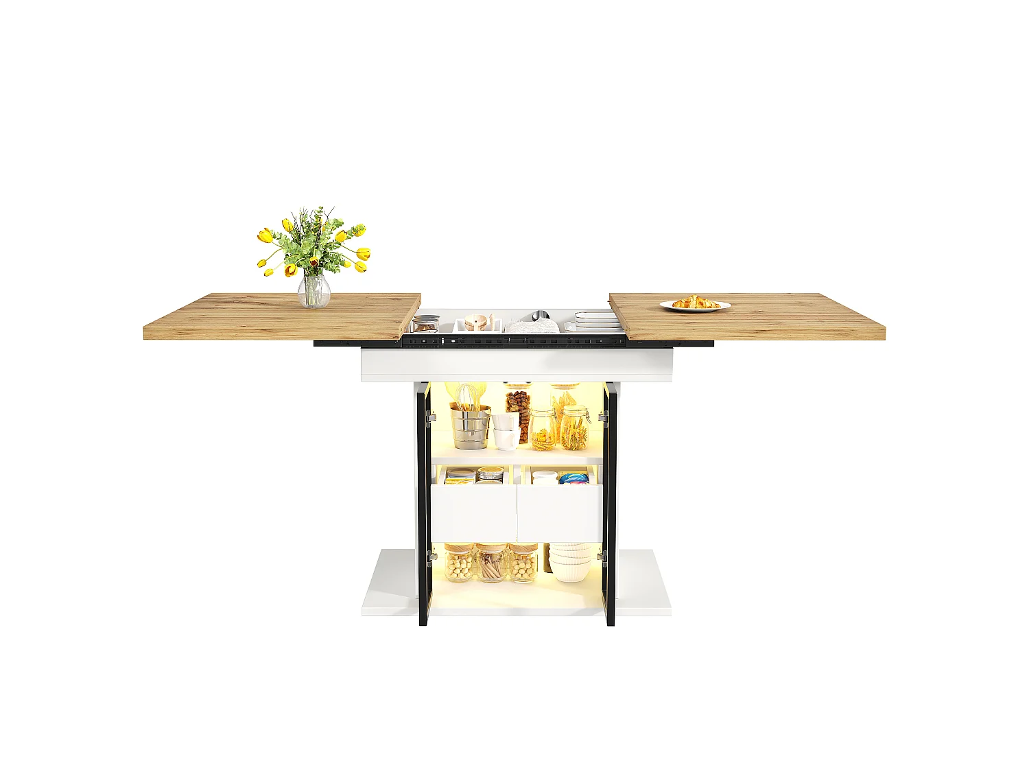 Rozkładany stół jadalny z oświetleniem LED, 2 szklanymi drzwiami i 1 szufladą w środku - MDF - 110/140 x 80 x 77,9 cm - biały