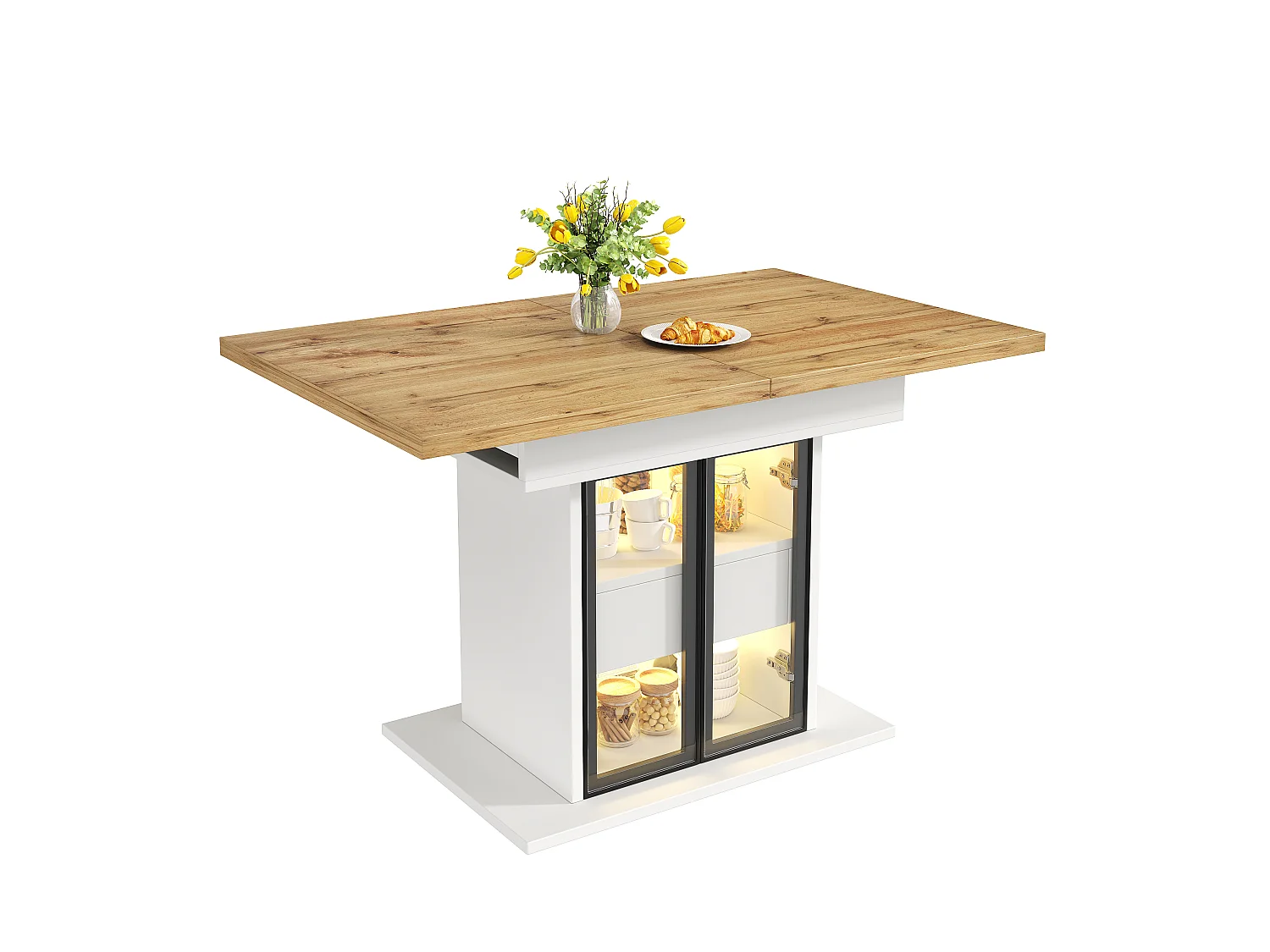 Rozkładany stół jadalny z oświetleniem LED, 2 szklanymi drzwiami i 1 szufladą w środku - MDF - 110/140 x 80 x 77,9 cm - biały