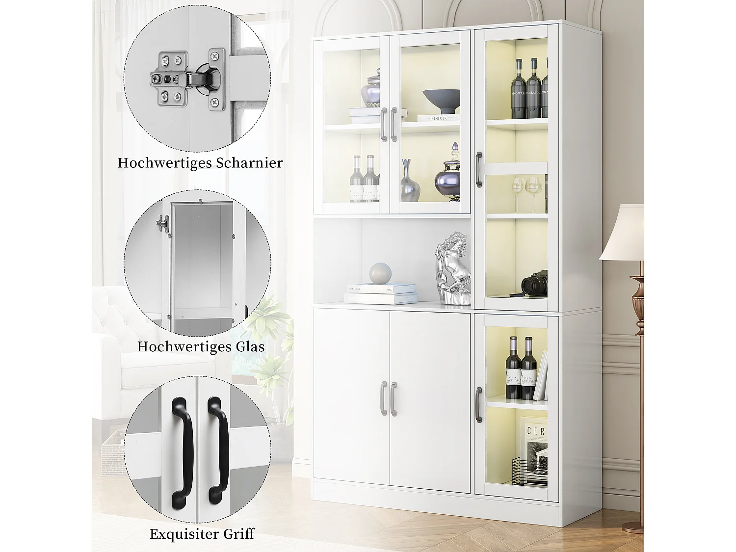 Vitrine mit 6 Türen, LED-Beleuchtung, verstellbaren Einlegeböden und 9 Fächern – MDF und Acryl – 120 × 40 × 200 cm – Weiß