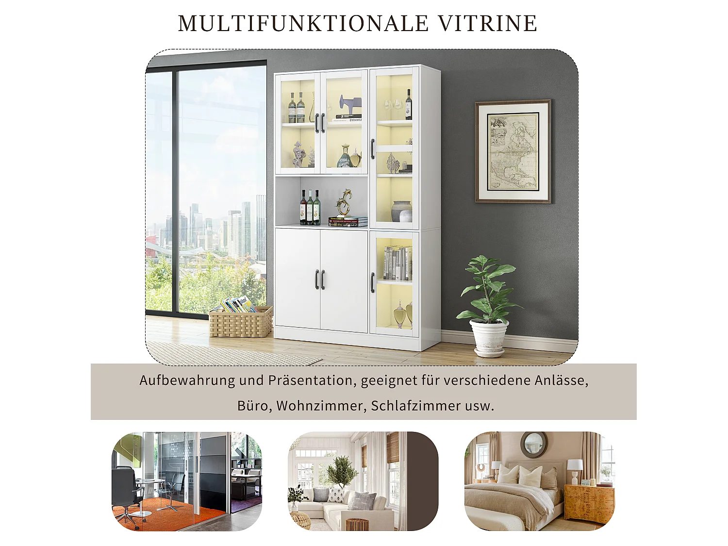 Vitrine mit 6 Türen, LED-Beleuchtung, verstellbaren Einlegeböden und 9 Fächern – MDF und Acryl – 120 × 40 × 200 cm – Weiß