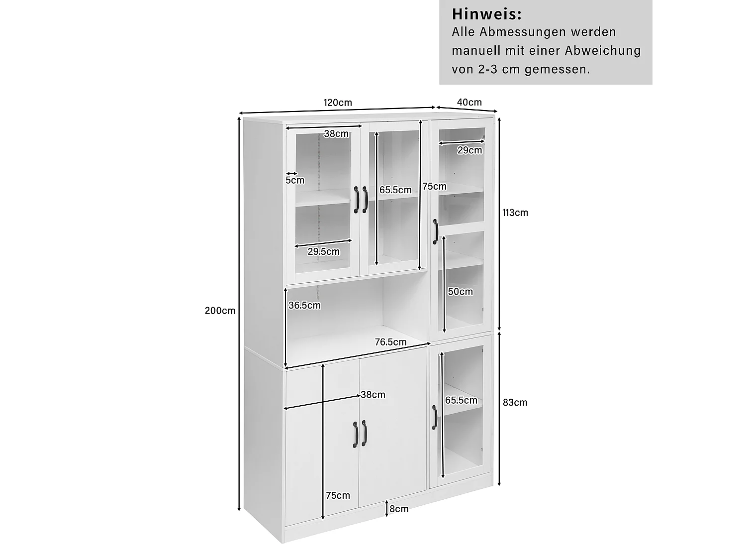 Vitrine mit 6 Türen, LED-Beleuchtung, verstellbaren Einlegeböden und 9 Fächern – MDF und Acryl – 120 × 40 × 200 cm – Weiß