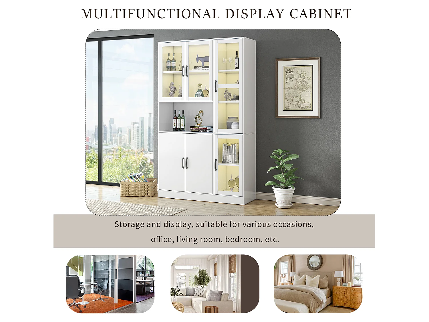 Vitrine mit 6 Türen, LED-Beleuchtung, verstellbaren Einlegeböden und 9 Fächern – MDF und Acryl – 120 × 40 × 200 cm – Weiß