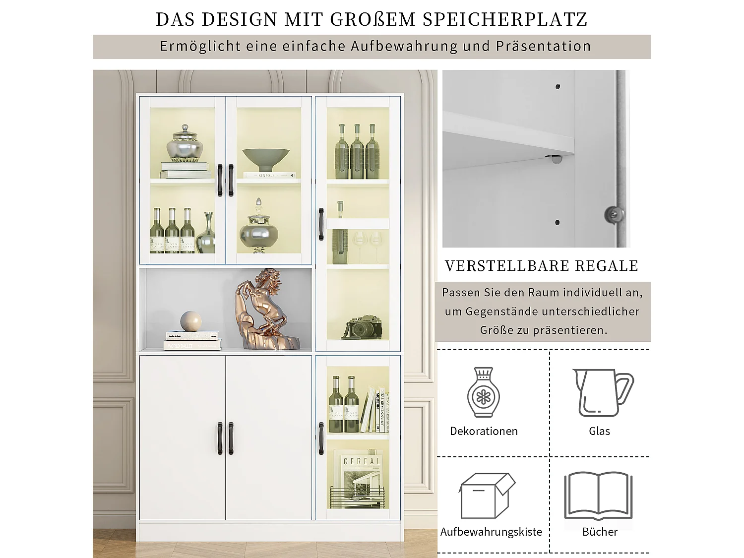 Vitrine mit 6 Türen, LED-Beleuchtung, verstellbaren Einlegeböden und 9 Fächern – MDF und Acryl – 120 × 40 × 200 cm – Weiß