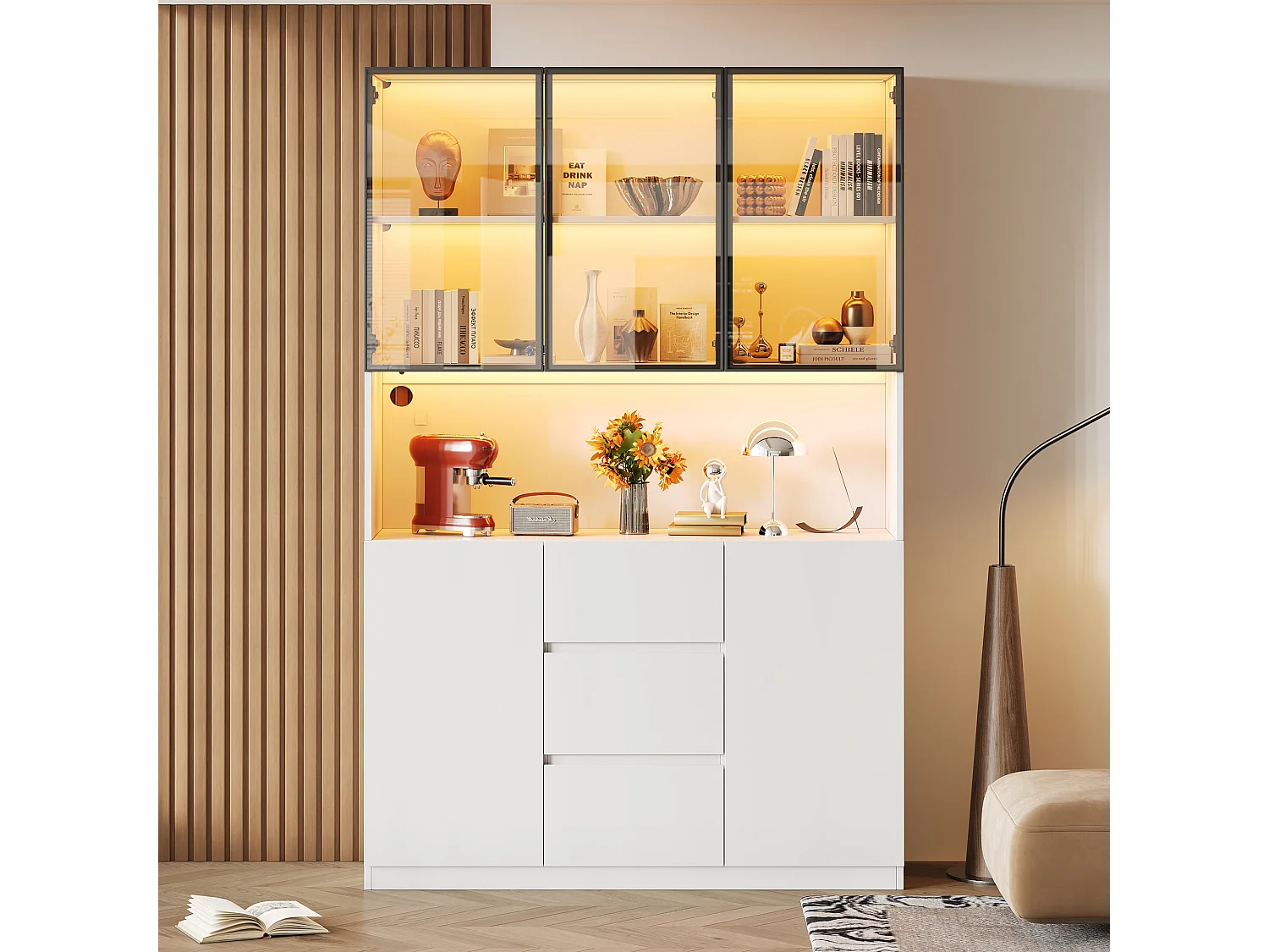 LED-Vitrinenschrank 120 x 40 x 200 cm mit 5 Türen, 3 Schubladen und 2 Türen – MDF und Sicherheitsglas – Weiß