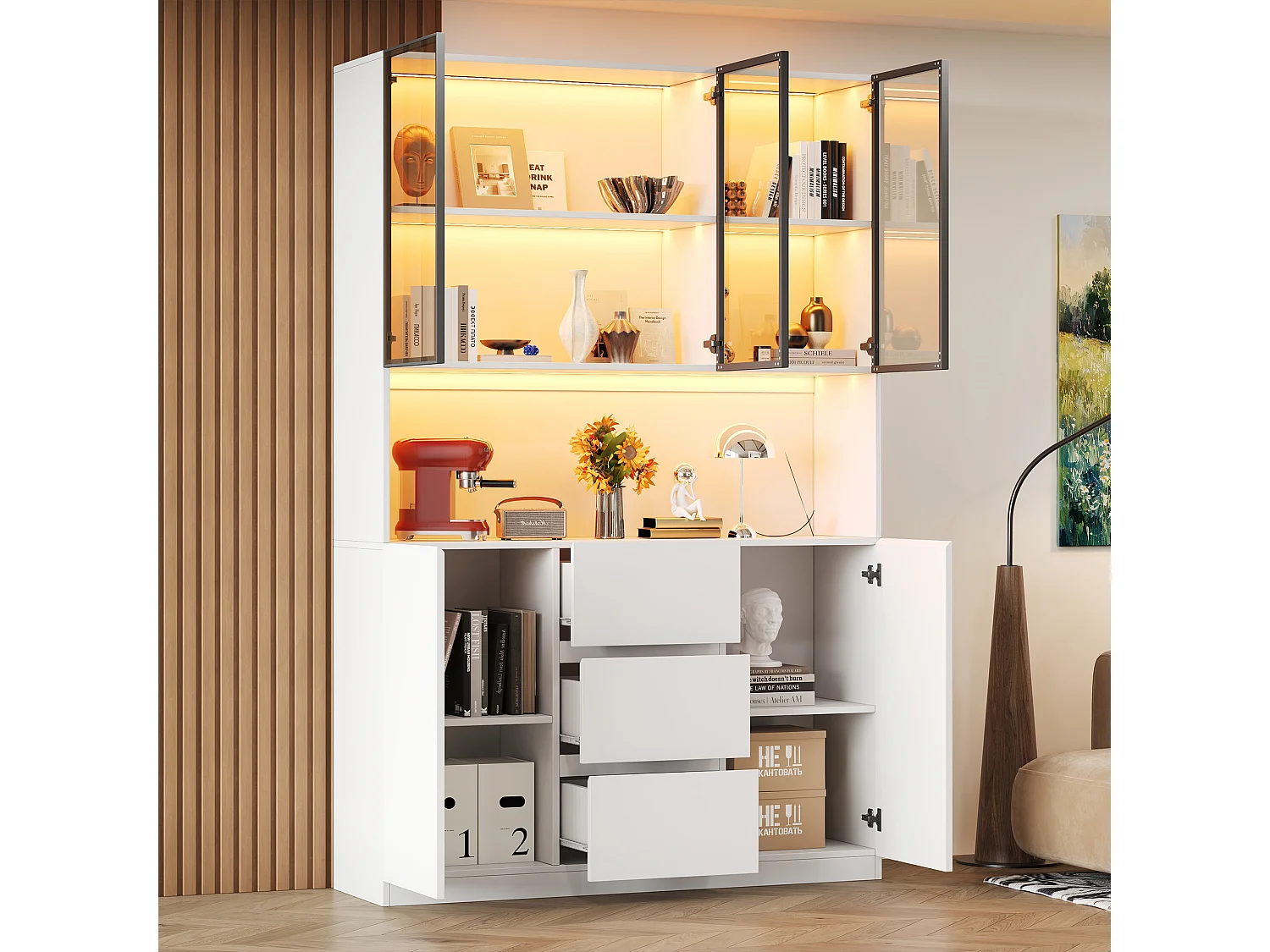 LED-Vitrinenschrank 120 x 40 x 200 cm mit 5 Türen, 3 Schubladen und 2 Türen – MDF und Sicherheitsglas – Weiß
