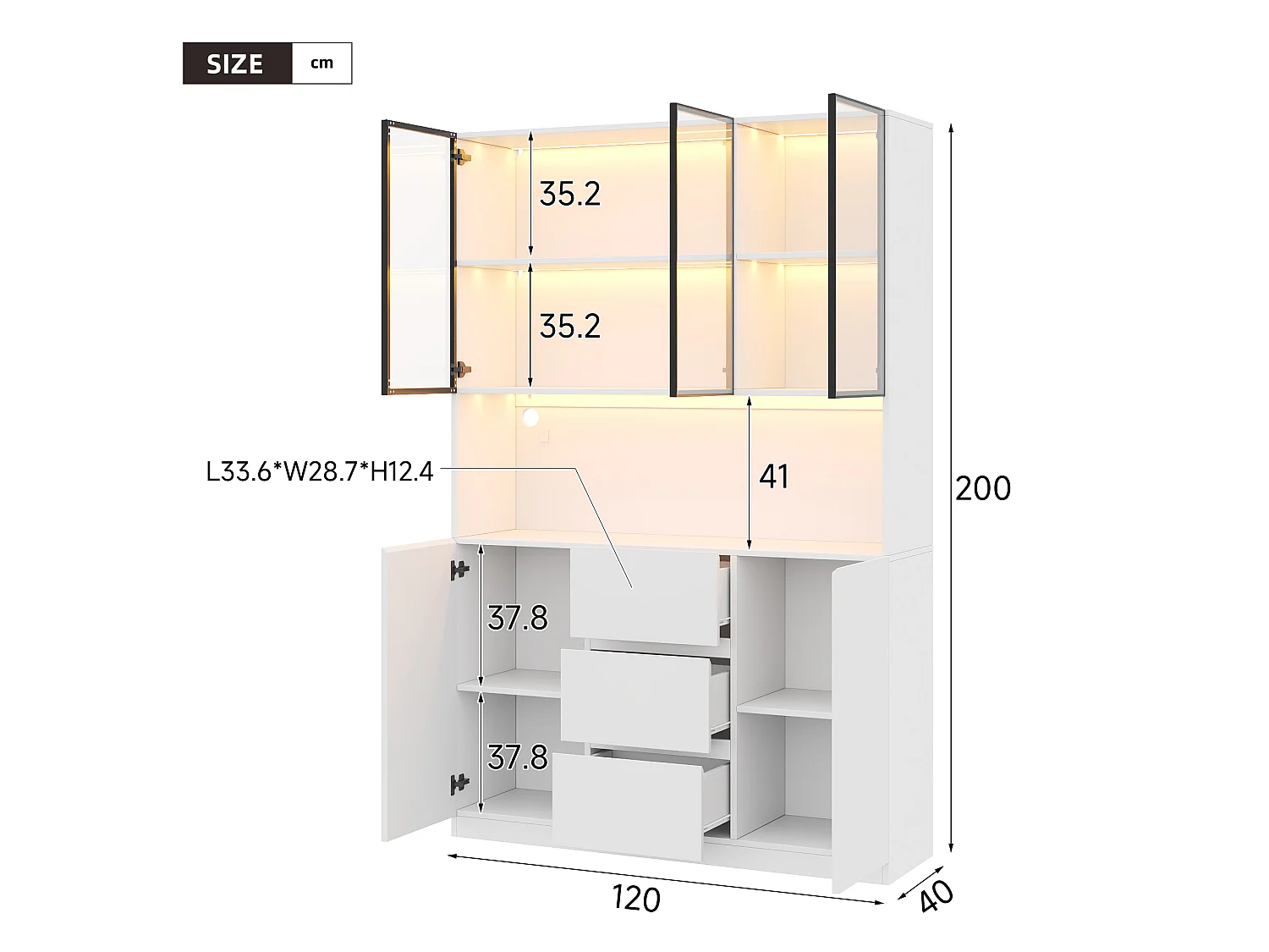 LED-Vitrinenschrank 120 x 40 x 200 cm mit 5 Türen, 3 Schubladen und 2 Türen – MDF und Sicherheitsglas – Weiß