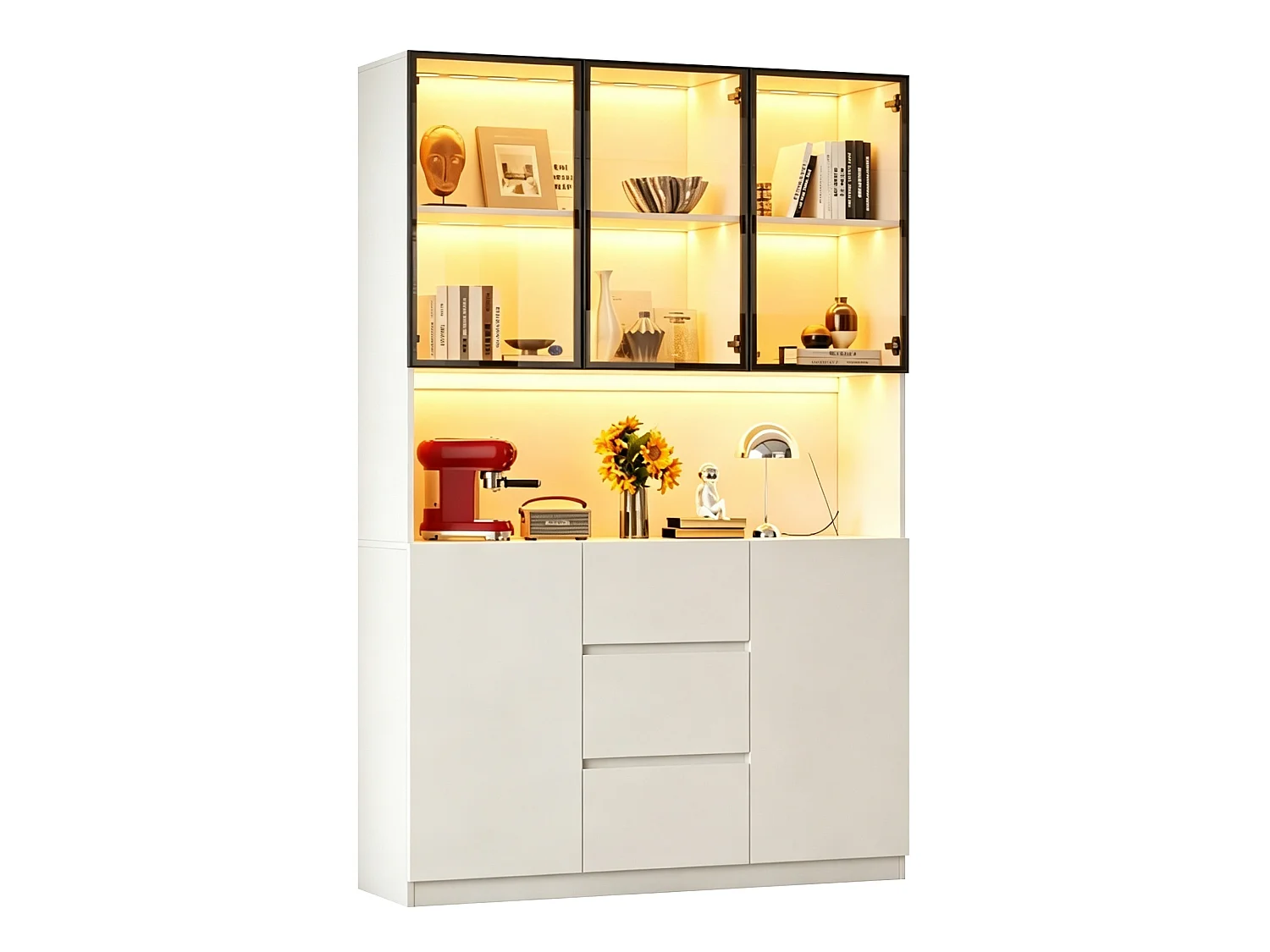 LED-Vitrinenschrank 120 x 40 x 200 cm mit 5 Türen, 3 Schubladen und 2 Türen – MDF und Sicherheitsglas – Weiß