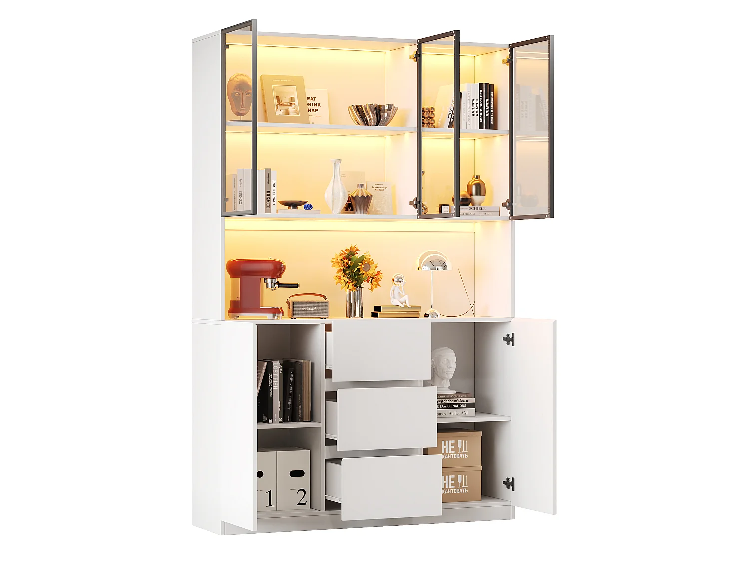 LED-Vitrinenschrank 120 x 40 x 200 cm mit 5 Türen, 3 Schubladen und 2 Türen – MDF und Sicherheitsglas – Weiß