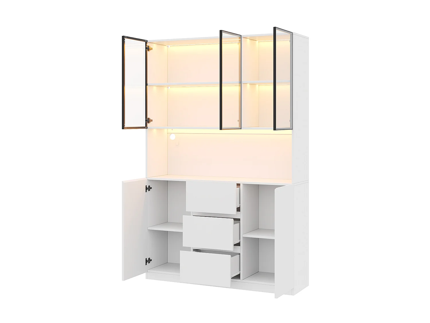 LED-Vitrinenschrank 120 x 40 x 200 cm mit 5 Türen, 3 Schubladen und 2 Türen – MDF und Sicherheitsglas – Weiß