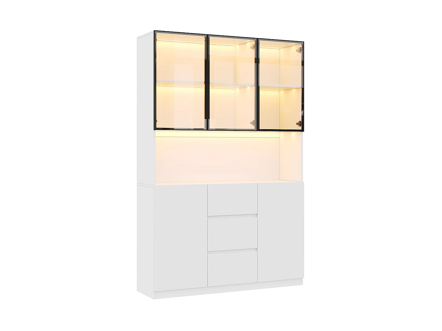 LED-Vitrinenschrank 120 x 40 x 200 cm mit 5 Türen, 3 Schubladen und 2 Türen – MDF und Sicherheitsglas – Weiß