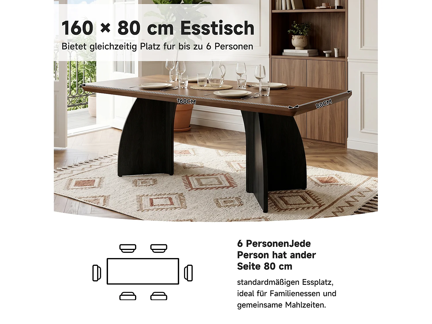 160 cm langer Esstisch für 4 bis 6 Personen mit 4 cm dicker Tischplatte und modernem Design – MDF – 160 x 80 x 76 cm – Walnuss