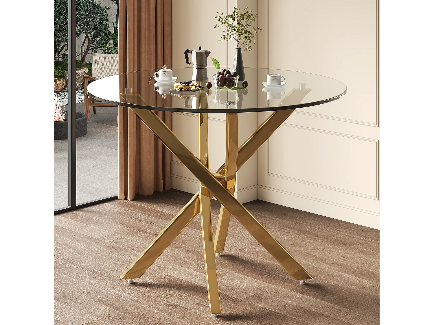 Ronde eettafel met blad van gehard glas en goudkleurige gekruiste poten - Glas en metaal - 80 x 80 x 75 cm - Goud en glas
